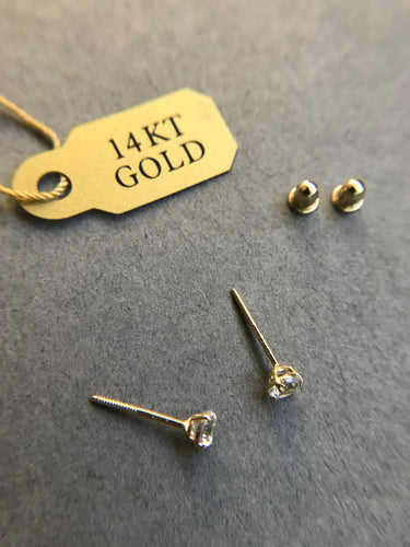 SCREW BACK A/14K Solid Gold Clear CZ Studs Type B